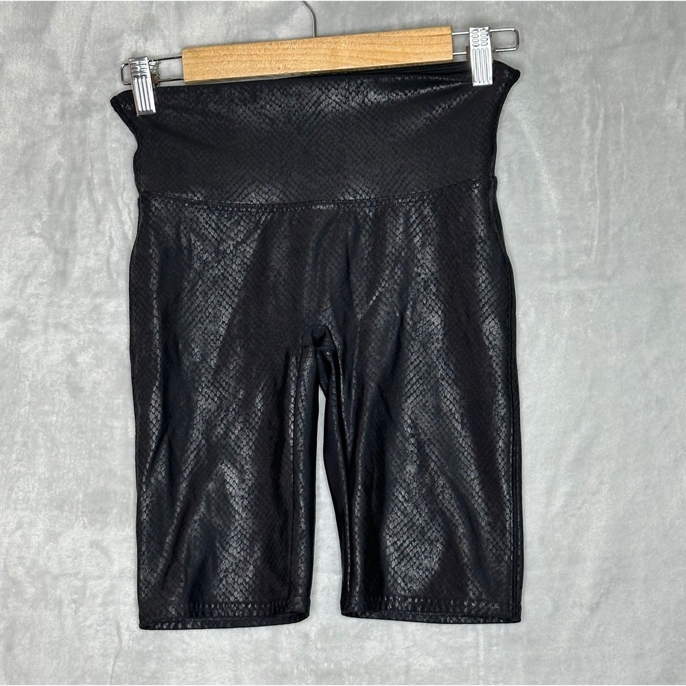Spanx Faux Leather Snakeskin Bike Shorts Black Metallic Python Print Medium‎